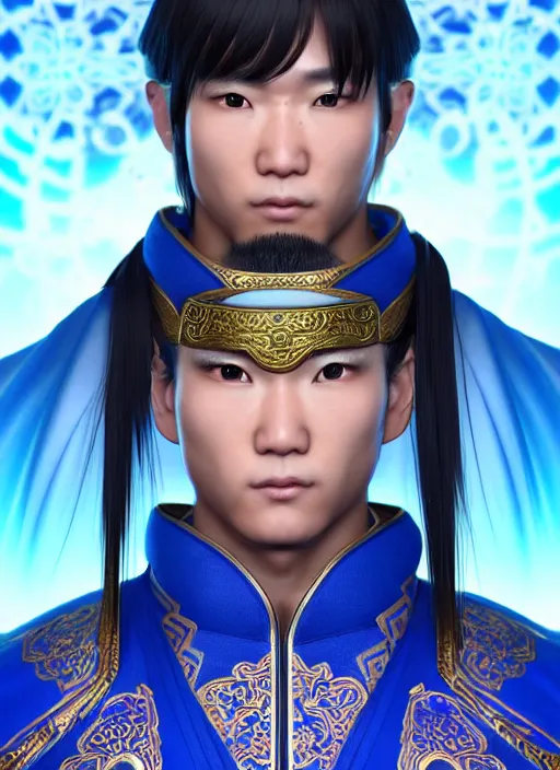 Image similar to male martial artist with a mongolian pigtail hairstyle!!!! asian facial features and blue eyes!! intricate ornate blue robes!! character concept art, sharp focus, octane render! unreal engine 5! highly rendered!! trending on artstation!! detailed linework!! illustration by artgerm, wlop, and chie yoshii