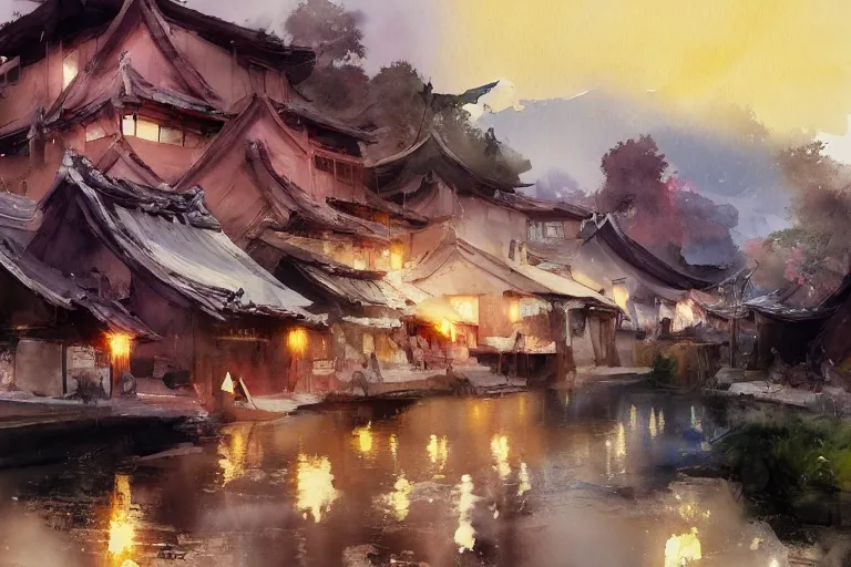 Prompt: paint brush strokes, abstract watercolor painting of japanese village at nightfall, ambient lighting, art by hans dahl, by jesper ejsing, art by anders zorn, wonderful masterpiece by greg rutkowski, cinematic light, american romanticism by greg manchess, creation by tyler edlin