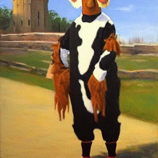 Image similar to painting by zorn, cow, dressed, anthropomorphic!!, wearing!!! clothes!!!, standing next to royal castle!!!