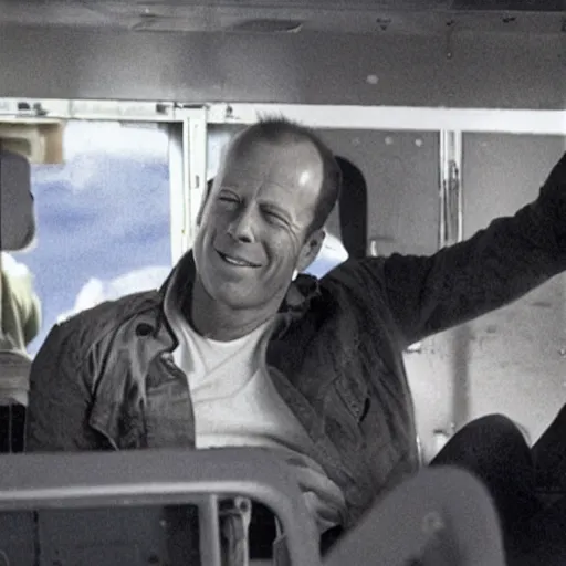 Image similar to bruce willis learning to fly in the back of a bus, realistic photograph, vintage