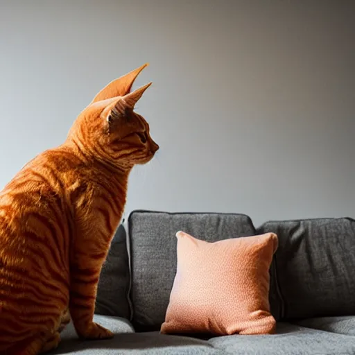 Image similar to an orange lazy tabby cat on a sofa studio lighting goofy foggy