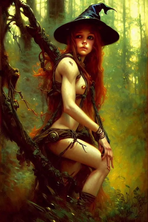 Image similar to young witch girl in the woods, highly detailed, realistic style. by raymond swanland, gaston bussiere, simon bisley