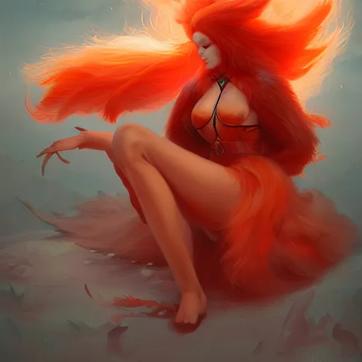 Prompt: prompt A beautiful red orange fluffy kumiho, concept art, matte painting, 8k, by Peter Mohrbacher