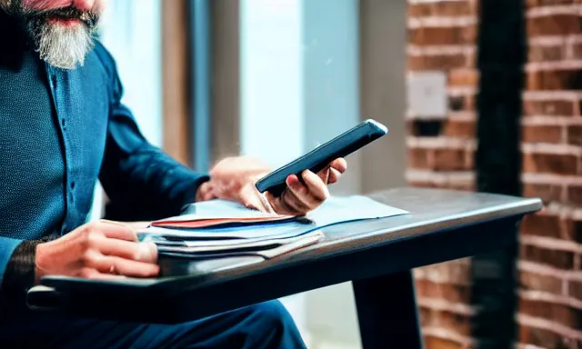 Prompt: A wizard with bond hair and a beard looking at his smartphone at a desk cluttered with tomes