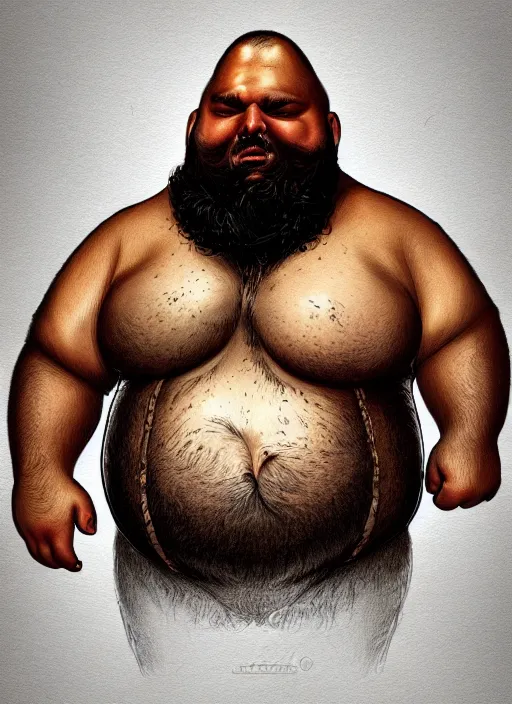Prompt: a highly detailed illustration of nikocado avocado vaush obese fat ugly disgusting unattractive bearded man warrior, gross pose, fantasy, intricate, elegant, highly detailed, centered, digital painting, artstation, concept art, smooth, sharp focus, wlop.