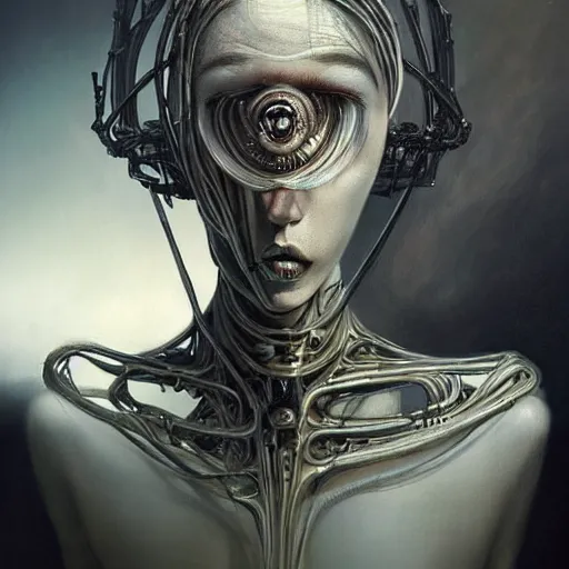 Prompt: surreal portrait of a woman by Greg Rutkowski and H.R Giger, a woman with a kind of visor, transformed into a kind of biomechanical transhuman goddess, disturbing, terrifying but fascinating, cosmic void background, frightening, fascinating, highly detailed portrait, digital painting, book cover, artstation, concept art, smooth, sharp foccus ilustration, Artstation HQ.