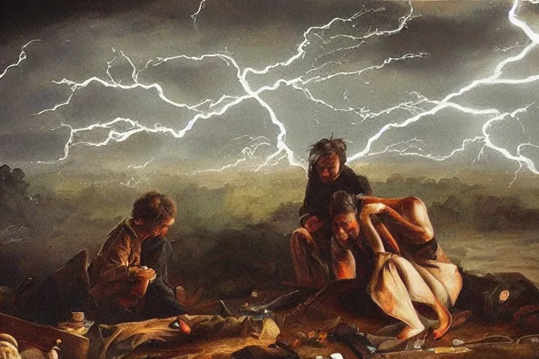 Image similar to a bereaved artist as his canvas gets struck by lightning, oil painting, extremely detailed, museum art