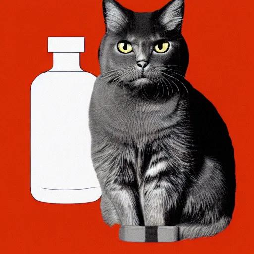 Prompt: a cat standing next to a bottle of medicine. the cat was orange in color and having fluffy fur, digital art, realistic shadow, animal,