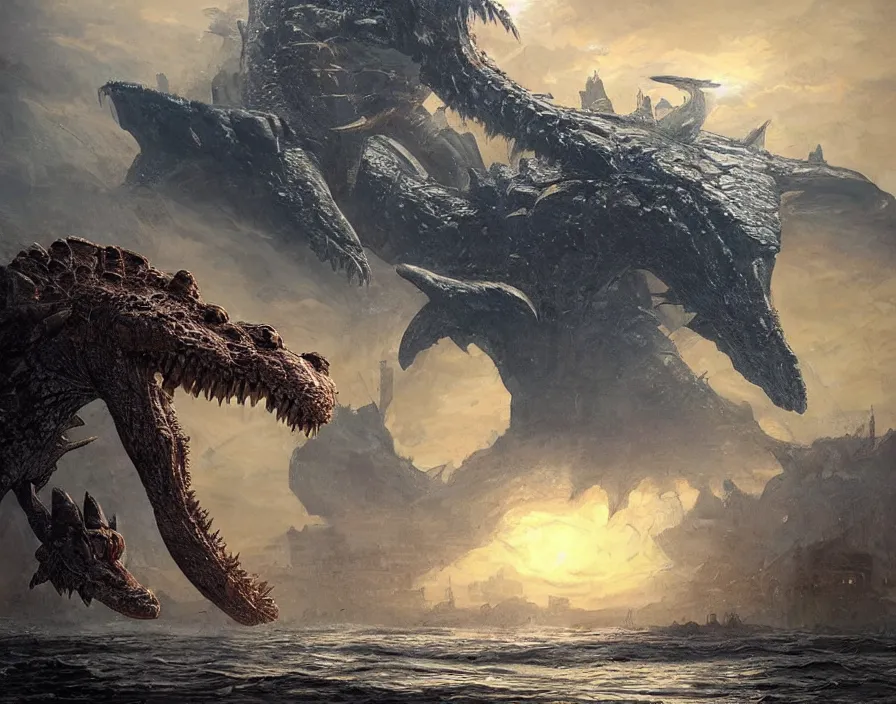 Prompt: one monster with a crocodile's head stands in the sea and towers over a small town, sunrise, daniel dociu, paleoart, pacific rim concept art