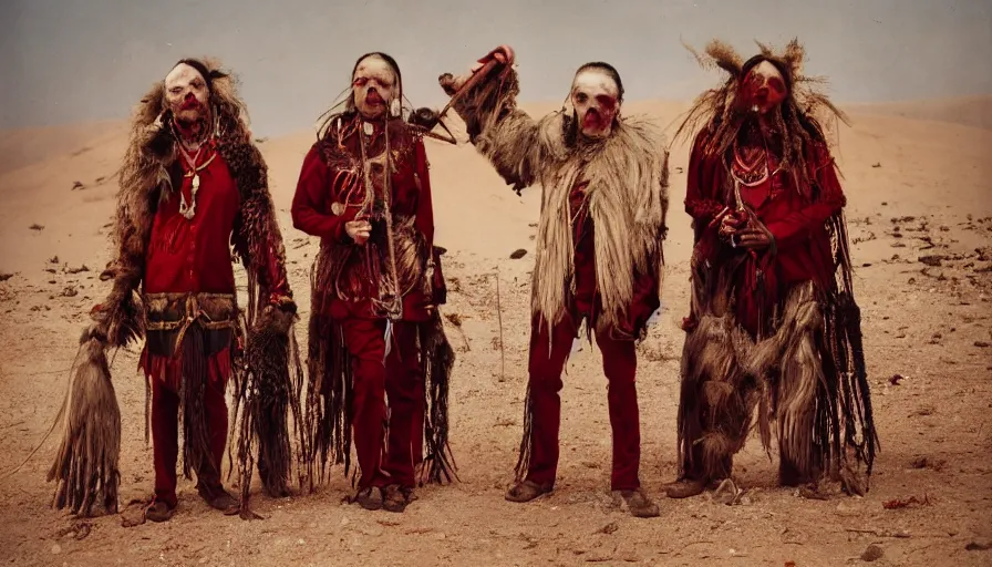 Image similar to high realistic photo portrait of esoteric tribes members with taxidermic flesh bloody jaw and elaborate red clothes in the desert, eastmancolor, heavy grain, high quality,