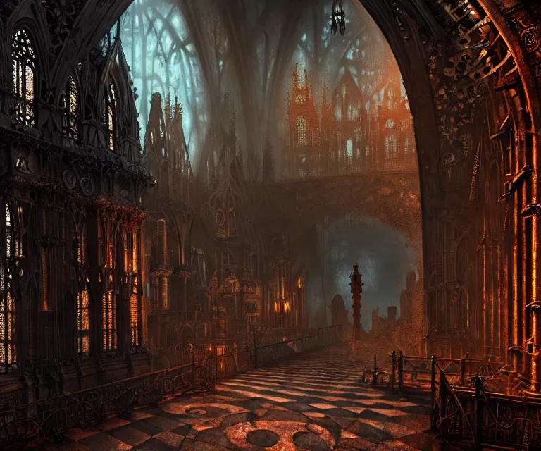 Image similar to steam necropolis, memento mori, gothic, neo - gothic, art nouveau, hyperdetailed copper patina medieval icon, stefan morrell, philippe druillet, ralph mcquarrie, concept art, steampunk, unreal engine, detailed intricate environment, octane render, moody atmospherics, volumetric lighting, ultrasharp, ominous, otherworldly