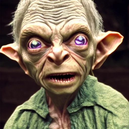 Image similar to Bilbo Baggins as Gollum, realistic, photo