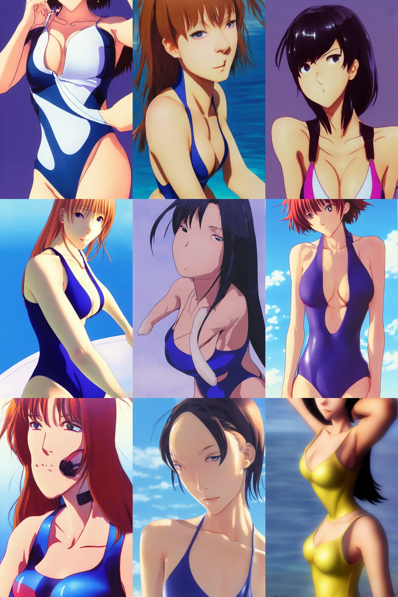 Image similar to close - up, accurately shaped face, volumetric light, posing in one - piece swimsuit. by takashi takeuchi, yoshiyuki sadamoto, amagaitaro, makoto shinkai, krenz cushart, asao urata, pixiv. 9 0 s