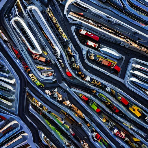 Image similar to parking several cars: center composition, distance 20 meters, motherboard forms designed by zaha hadid, sci-fi futuristic ultra realistic photography, keyshot render, octane render, unreal engine 5 lumen, high oiled liquid glossy specularity reflections, ultra detailed, golden hour, dramatic lighting 4k, 8k, 16k in the style ofblade runner 2049 Cyberpunk 2077 ghost in the shell thor 2 marvel film : tilt shift: sharp focus