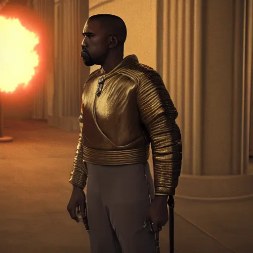 Image similar to Kanye West as Emperor Napoleon in Fallout New Vegas, splash art, movie still, cinematic lighting, dramatic, octane render, long lens, shallow depth of field, bokeh, anamorphic lens flare, 8k, hyper detailed, 35mm film grain