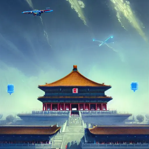 Image similar to Greg Rutkowski in the distant Futurist Forbidden City, Chinook flying over the sky, neon and blue moments, Futurist architectural concepts, inspired by Stephen Martinier, fantasy, digital art, professional illustration, realism, hyper-detail, atmospheric, cinematic lighting, cinematic concept art, hyper-detail, crazy detail, corona rendering, octane rendering, color redshift rendering, 8k