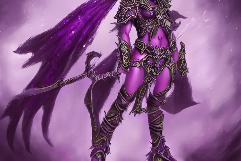 Prompt: purple warrior night elf, world of warcraft, trending on art station, fantasy, smooth