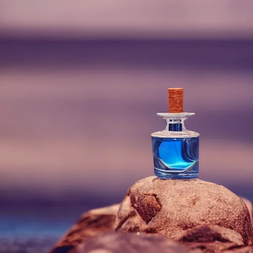 Image similar to perfume bottle on a rock floating in the blue reflective sea surrounded by big tropical leaves, fauna and flora, bright blue skies, zen, light, modern minimalist daytime f 2 0 clean and fresh