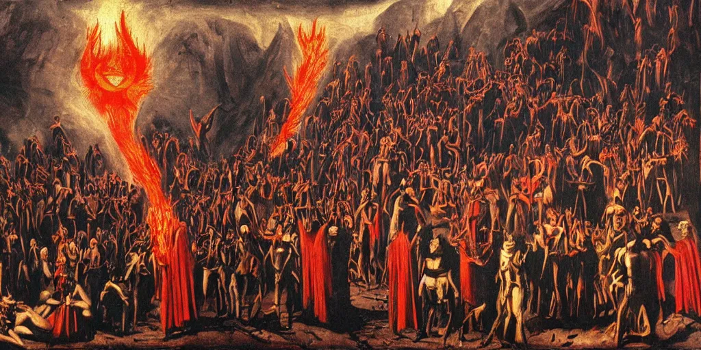 Image similar to dante's inferno painting, with people in black hooded tunic like in the film eyes wide shut of stanley kubrick, illuminati symbol, crows, skeletons, crosses, dark beauty, rotten gold, perfect faces, extremely detailed.