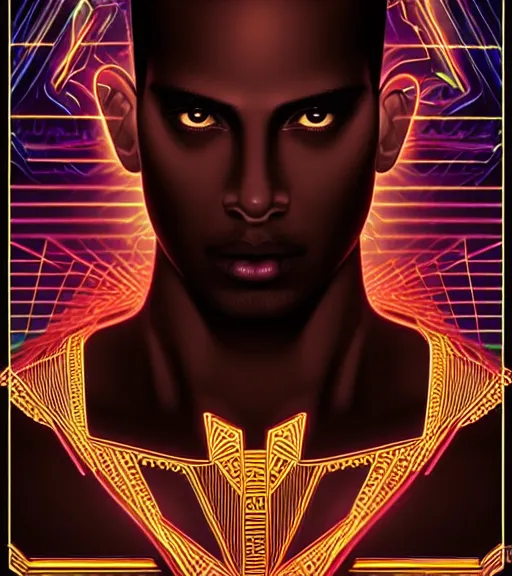 Image similar to symmetry!! egyptian prince of technology, solid cube of light, hard edges, product render retro - futuristic poster scifi, lasers and neon circuits, brown skin man egyptian prince, intricate, elegant, highly detailed, digital painting, artstation, concept art, smooth, sharp focus, illustration, dreamlike, art by artgerm