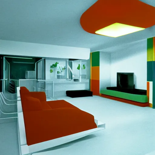 Image similar to 1970's futurist interior living space, furnished by aero aarino, primary colors are white, orange, yellow, and red unreal engine 8k resolution