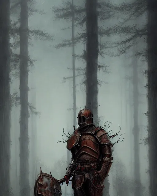 Image similar to Hyper realistic painting of a knight in full plate armor that has completely turned to rust, hyper detailed, surrounded by a dark forest, fog, moody, creepy, cinematic lighting, by greg rutkowski, trending on artstation