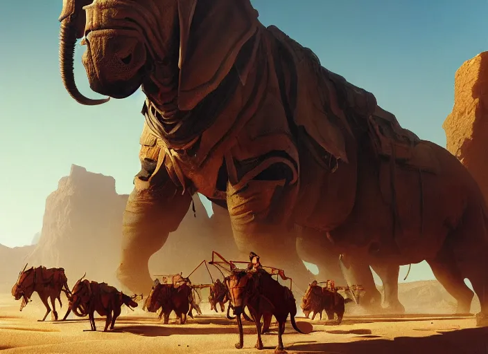 Prompt: the big large expedition with a crowd of adventurers being brought by gigantic mammals carrying stuff towards the desert of duhnes medium shot, key art by craig mullins, bloom, dramatic lighting, cinematic, high details