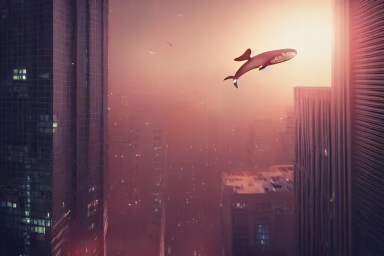 Image similar to whale flying over a building at night time, wearing fashion clothing, id magazine, hyperrealism, detailed textures, photorealistic, 3 d city, ultra realistic, cinematic, intricate, cinematic light, unreal engine 5, octane render, david kostic, artgerm