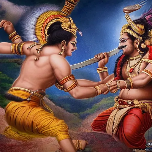 Image similar to Battle between Lord Rama vs Ravana from Indian epic ramayana, hyper-realistic 8k