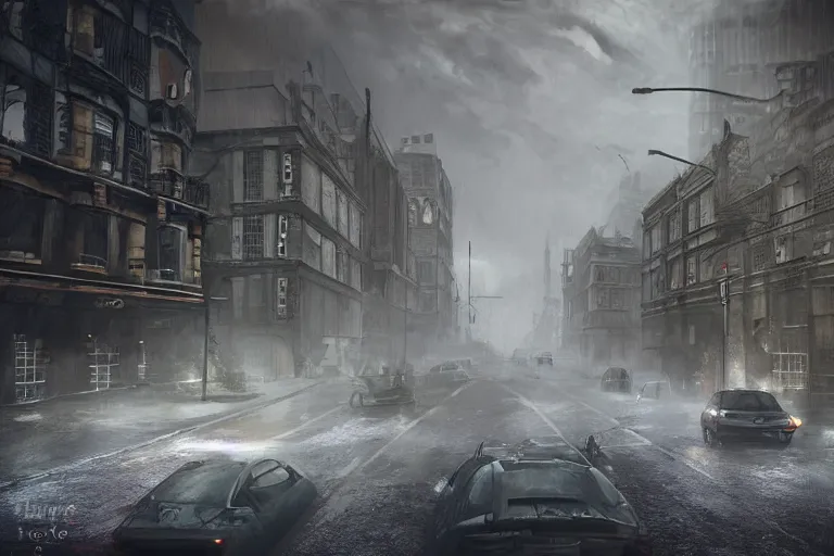 Image similar to the post-apocalyptic streets of London during a heavy thunderstorm, unreal engine 5, hyperdetailed, photorealistic, trending on artstation