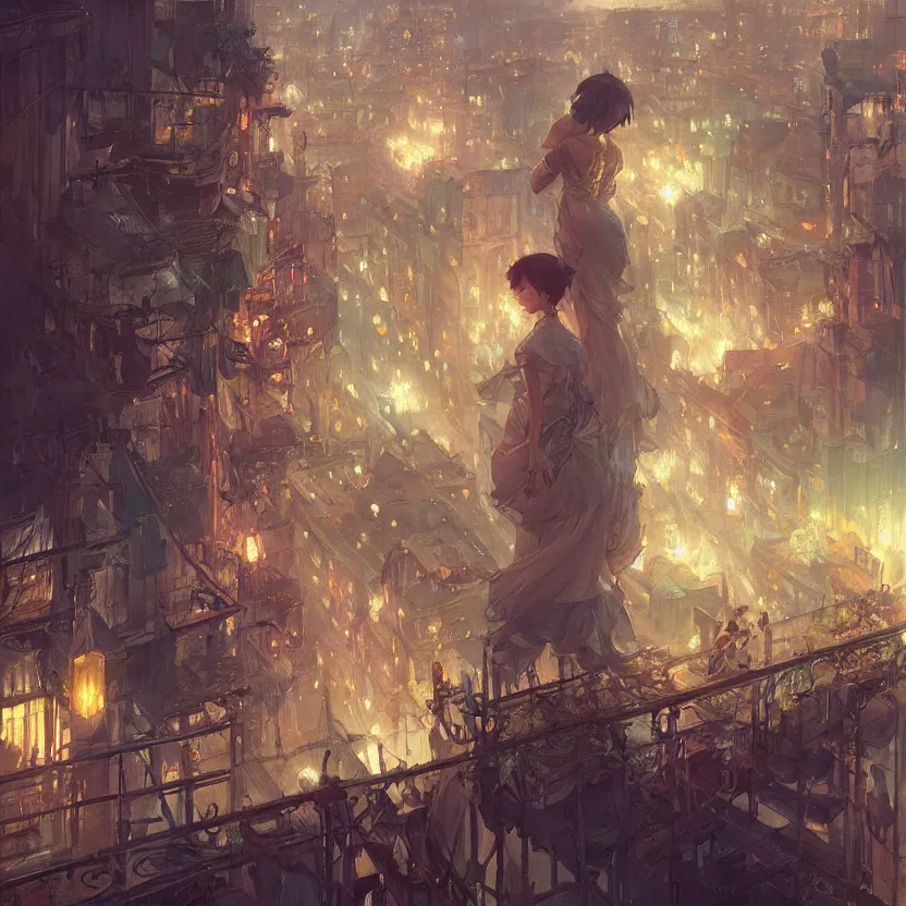 Image similar to firework festival on a balcony at night, greg rutkowski, krenzcushart, nier automata enviroment concept art, makoto shinkai, alphonse mucha