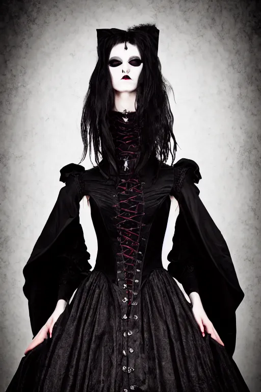 Image similar to vampire goth top model, wearing alexander mcqueen gothic victorian dress, luxury materials, symmetrical, cinematic, elegant, professional studio light, real dlsr photography, sharp focus, 4 k, ultra hd, sense of awe, medieval high fashion