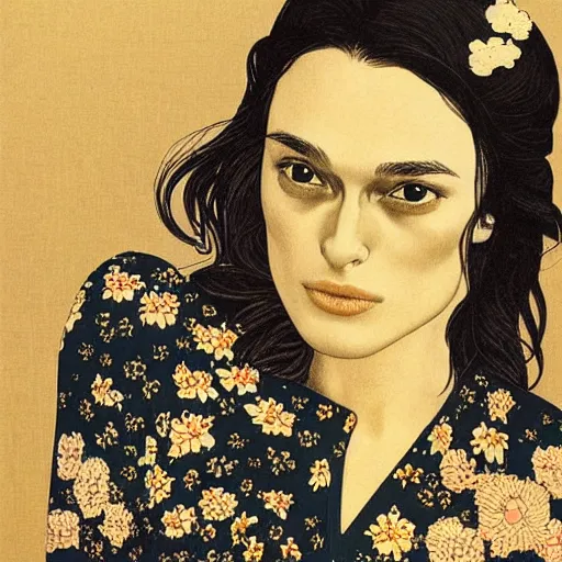 Image similar to “ keira knightley portrait by ikenaga yasunari and ayana otake and ko rakusui, 6 0 s poster, drawing, realistic, sharp focus, japanese, dreamy, nostalgia, faded, golden hues, floral clothes ”