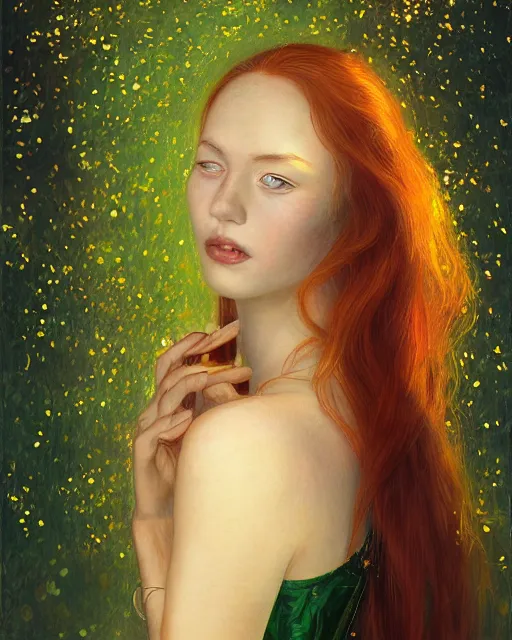 Prompt: a young woman, admiring the lights of golden fireflies, sitting in the midst of nature fully covered with a wonderful dress, long loose red hair, intricate details, green eyes, small nose with freckles, oval shape face, soft happy smile, realistic, expressive emotions, mystical scene, hyper realistic art by marco grassi and artgerm