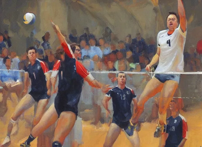 Image similar to a highly detailed beautiful portrait of elon musk playing voleyball, by gregory manchess, james gurney, james jean