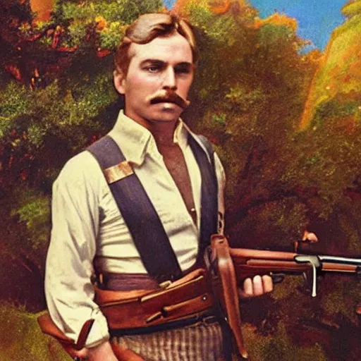 Image similar to an old timey country portrait of nintendo's kirby wearing daisy dukes with a flintlock pistol