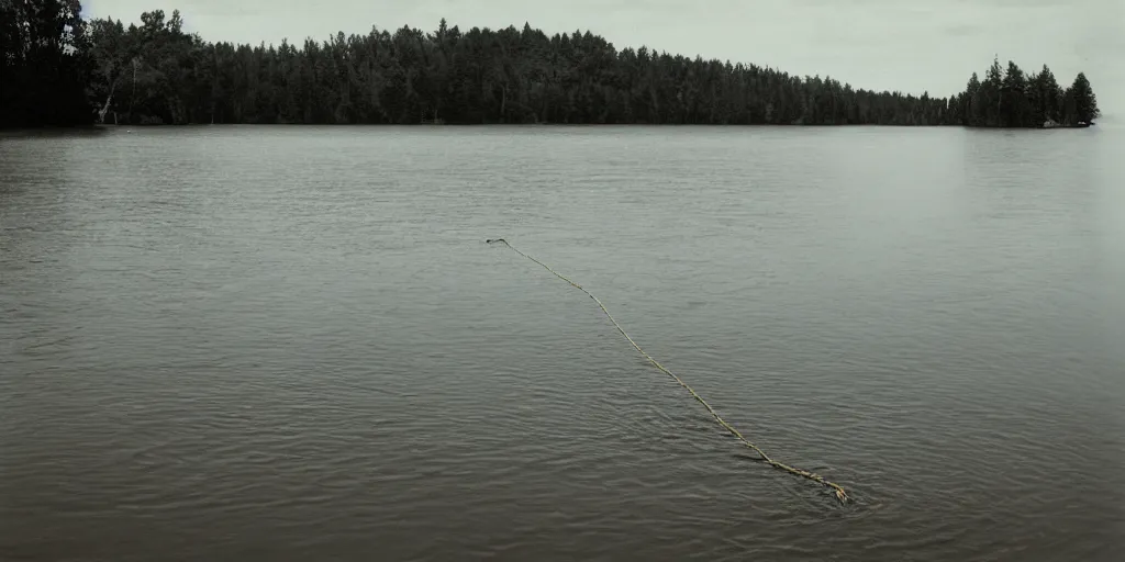 Prompt: centered photograph of one single line of thick big brown, long rope floating on the surface snaking and stretching out to the center of the lake, a dark lake sandy shore on a cloudy day, color film, trees in the background, hyper - detailed kodak color film photo, anamorphic lens