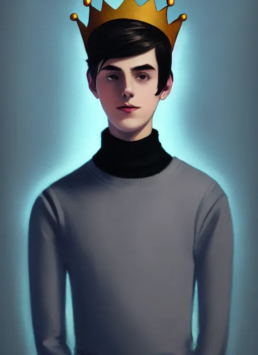 Image similar to portrait of teenage jughead jones wearing a light grey crown, crown, blue turtleneck, closed eyes, eyes closed, slight smile, black hair, intricate, elegant, glowing lights, highly detailed, digital painting, artstation, concept art, smooth, sharp focus, illustration, art by wlop, mars ravelo and greg rutkowski