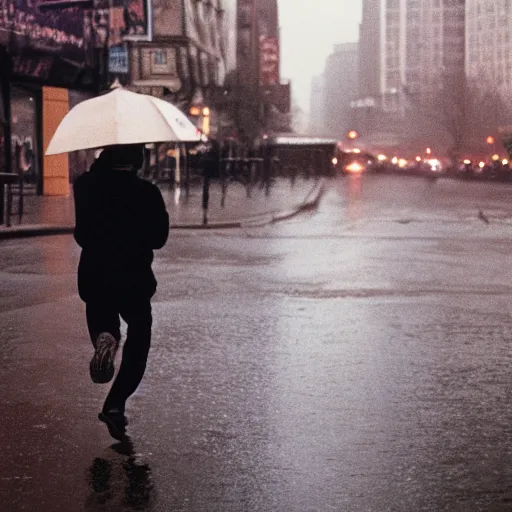 Image similar to a photograph of a man running down the street wearing a hat on a rainy day on expired kodak film, 3 5 mm