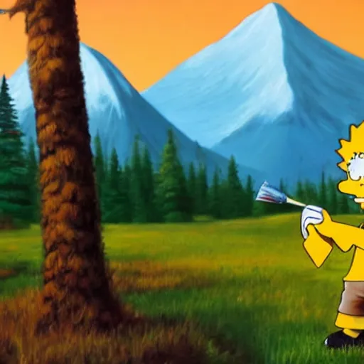 Image similar to a closeup photorealistic photograph of bob ross working on a canvas painting of bart simpson. film still. brightly lit scene. mountains and trees. this 4 k hd image is trending on artstation, featured on behance, well - rendered, extra crisp, features intricate detail, epic composition and the style of unreal engine.