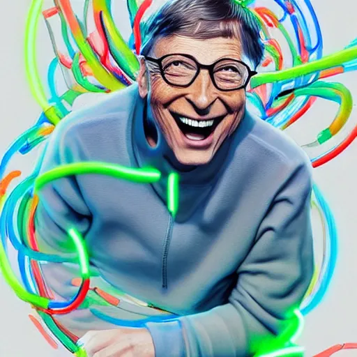 Image similar to bill gates laughing in apple costume, digital illustration by ruan jia on artstation, outlined by whirling illuminated neon lines and fine lines swirling in circles by jesper ejsing and rhads and makoto and shinkai and lois van baarle, digital art, trending on artstation - h 8 3 2