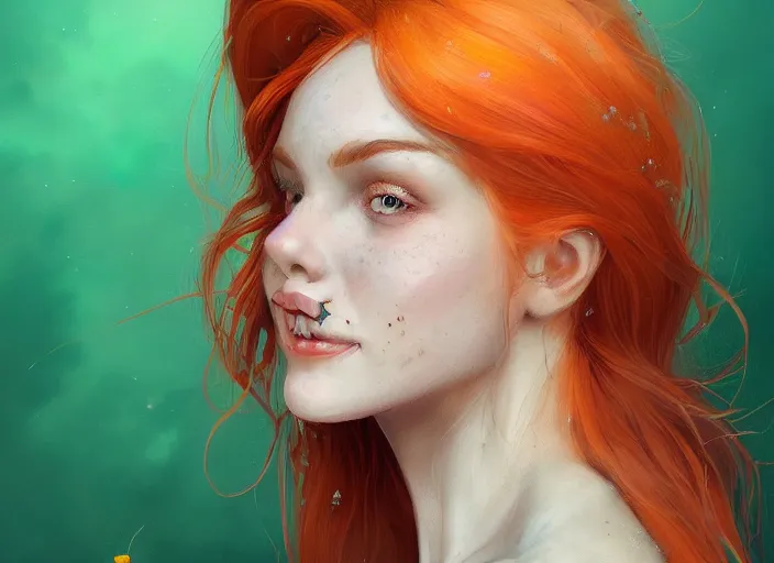 Prompt: portrait of a beautiful smiling girl with orange hair and freckles, green eyes, elegant. highly detailed, digital painting, artstation, concept art, smooth, sharp, focus, illustration. background is purple, art by Lera Kiryakova