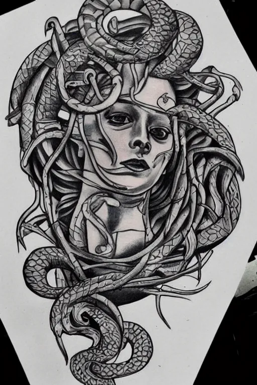 Image similar to Tattoo inspired artwork featuring snake headed Medusa from Greek Mythology