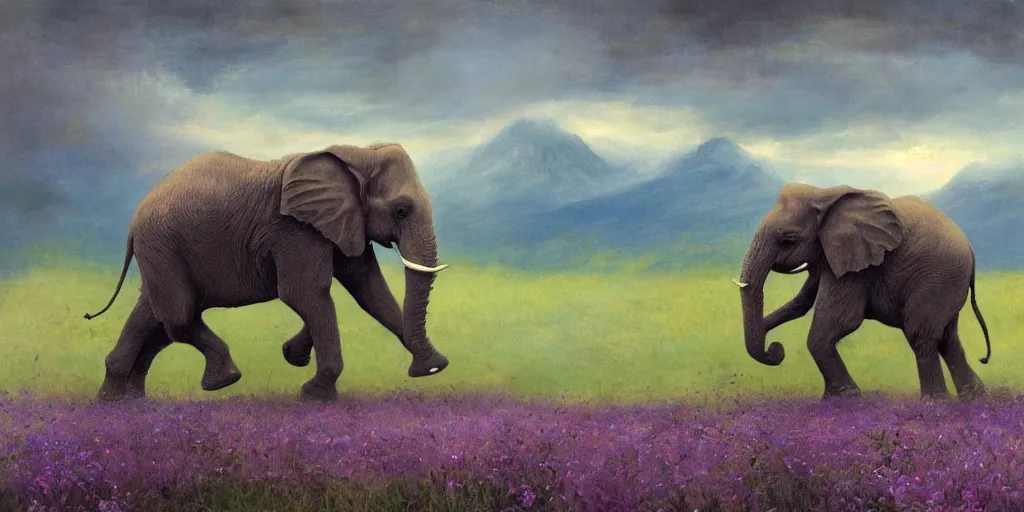 Image similar to purple elephant running in meadow, close up, raining, mountain behind meadow, menacing, illustration, detailed, smooth, soft, cold, by Adolf Lachman, Shaun Tan, Surrealism