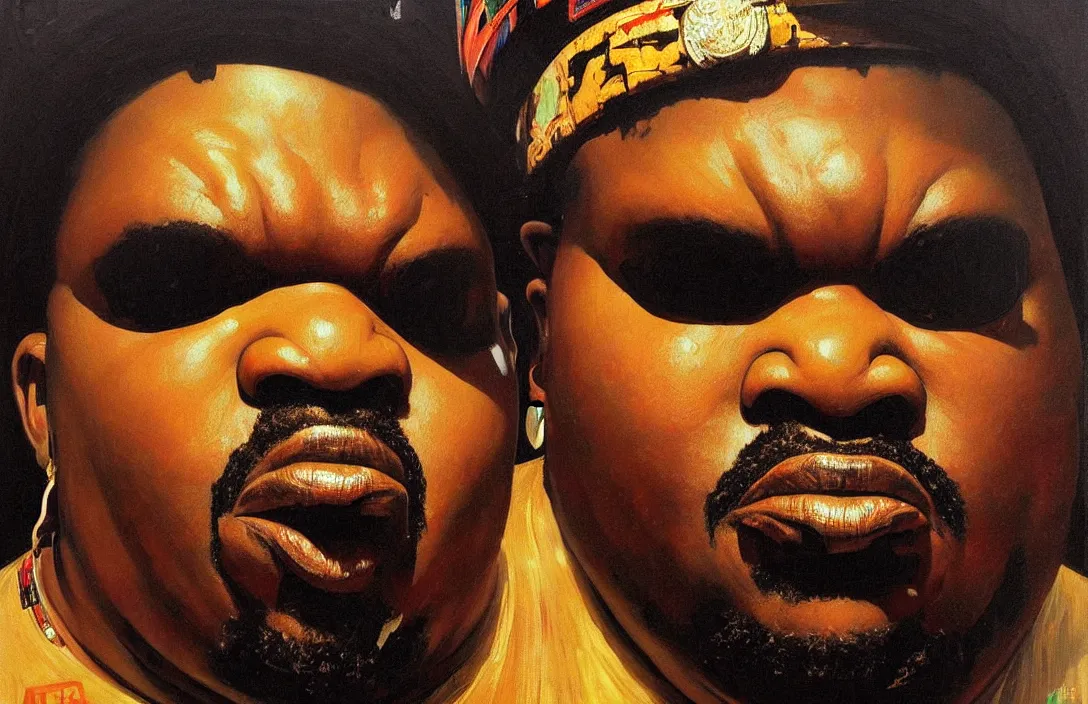 Image similar to portrait of afrika bambaataa!!!!!!!!!!!!!!!!!!!!!!!!!!!, detailed face, detailed painting,, epic lighting, by ilya repin, phil hale and kent williams