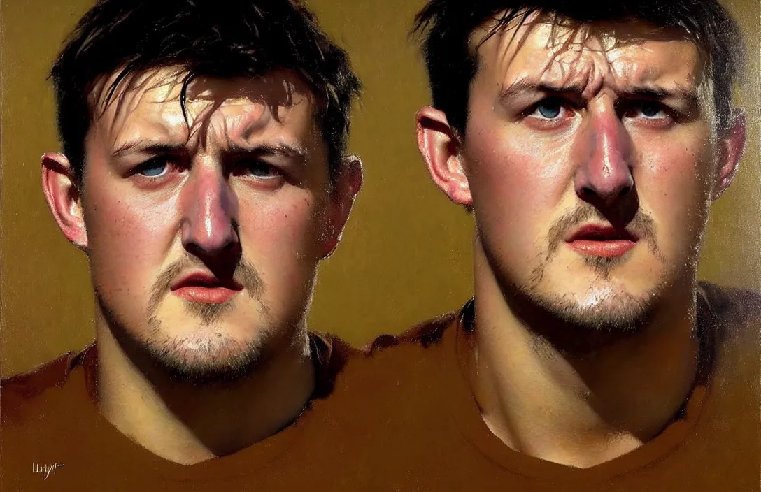 Image similar to portrait of harry maguire!!!!!!!!!!!!!!!!!!!!!!!!!!!, detailed face, detailed painting, epic lighting, by ilya repin, phil hale and kent williams