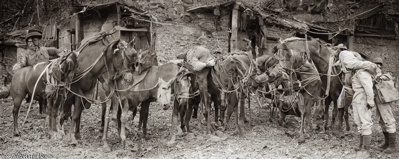 Image similar to soldiers feeding hungry horses spaghetti, world war 1, canon 5 0 mm, kodachrome, in the style of wes anderson, retro