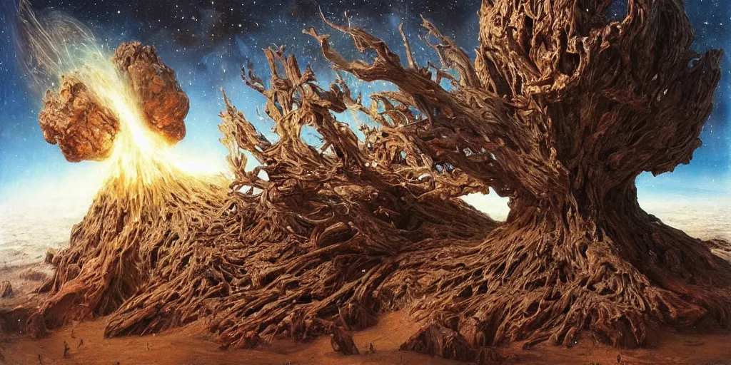 Prompt: supernova, giant tree made from asteroids flying in space, stars, planets, small spaceships, painted by steve mccurry, ruan jia, raymond swanland, lawrence alma tadema, zdzislaw beksinski, norman rockwell, jack kirby, tom lovell, alex malveda, greg staples