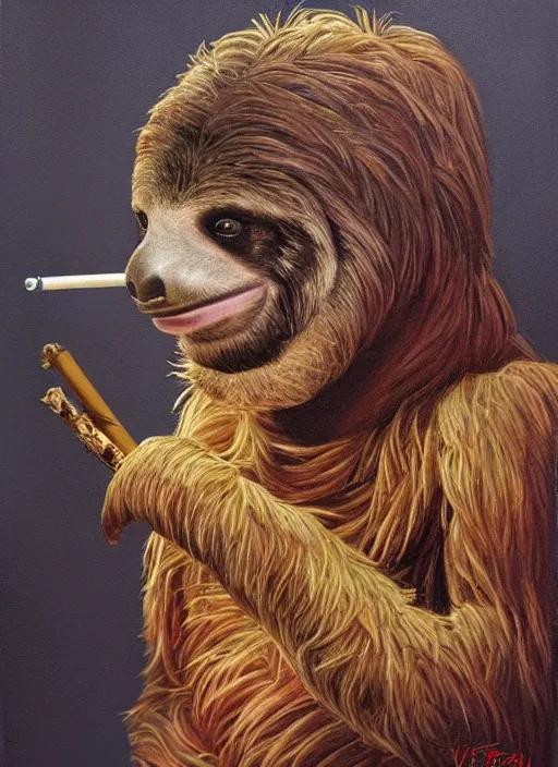 Prompt: ultra realistic portrait painting of a sloth smoking a joint, vaguely resembling snoop dogg, art by frank frazetta, 4 k, ultra realistic, highly detailed, epic lighting