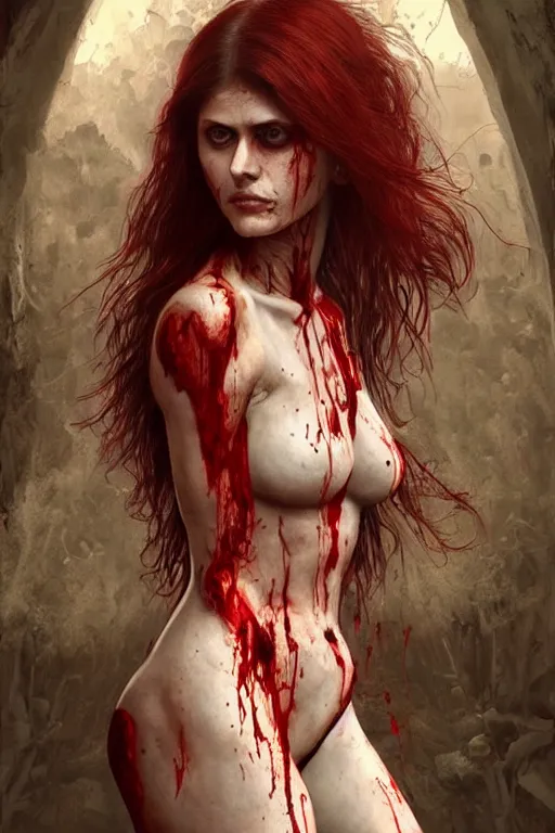 Image similar to woman skeleton covered with blood, alexandra daddario face, long red hair, ultra realistic, concept art, intricate details, highly detailed, photorealistic, octane render, 8 k, unreal engine. retro film still, heavy grain, 3 5 mm, art by artgerm and greg rutkowski and alphonse mucha